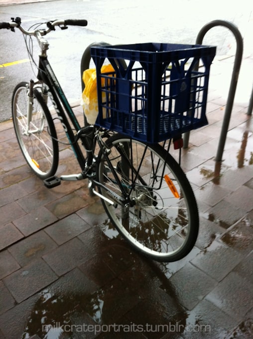 Bike rack milk crate in the rain