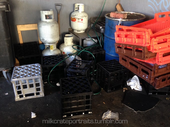 Milk crates and gas bottles