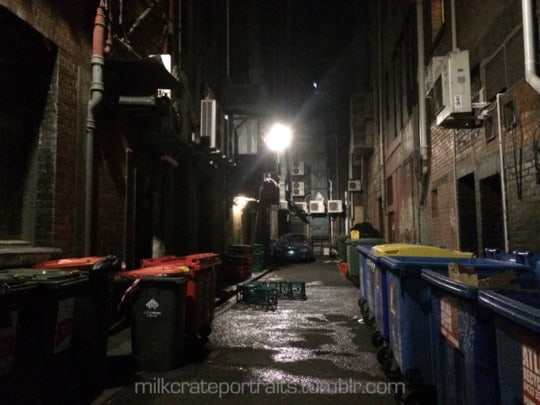 Melbourne’s laneways. Midnight milk crates.